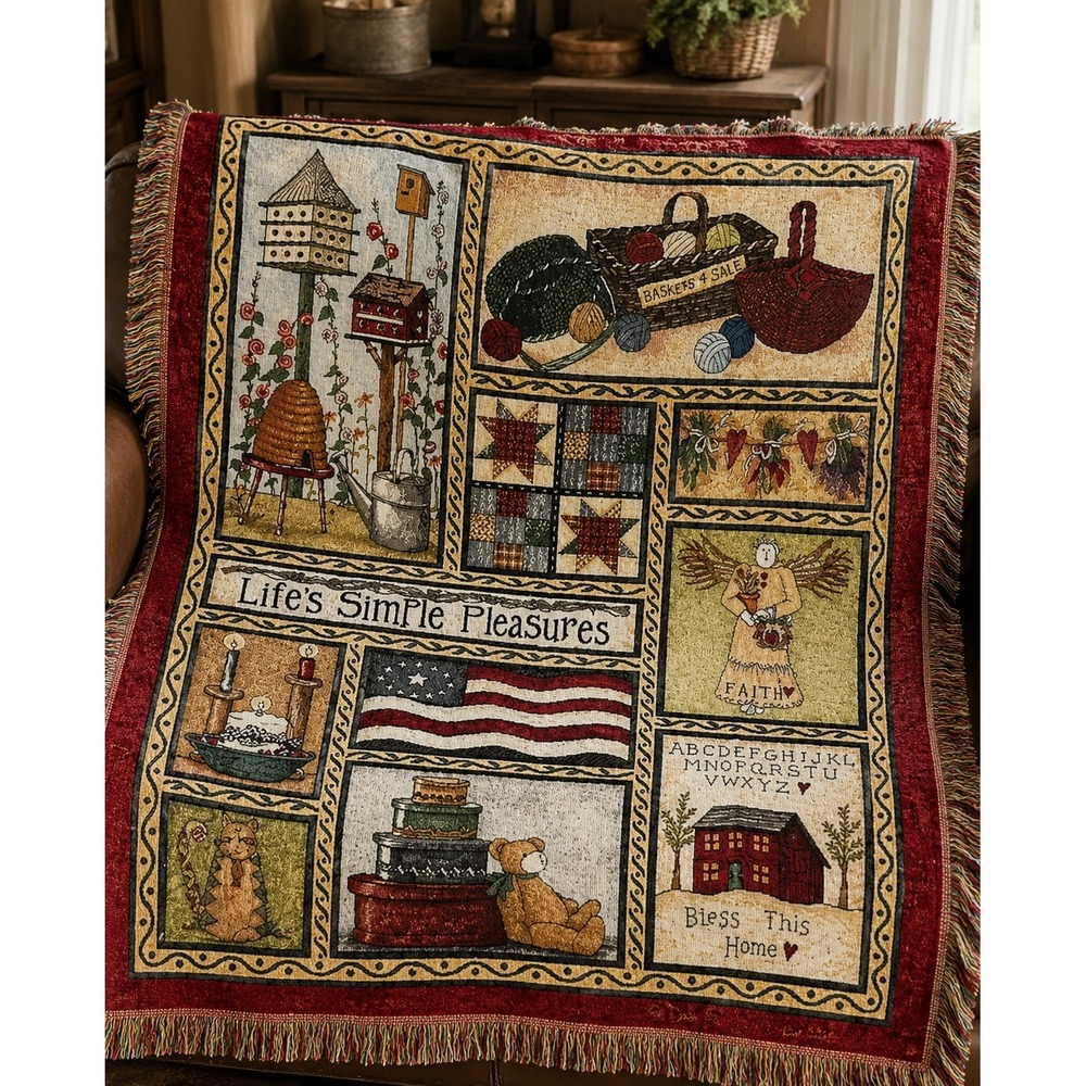 Deb Strain Life's Simple Pleasures 1994 Woven Throw Blanket Americana 44x60